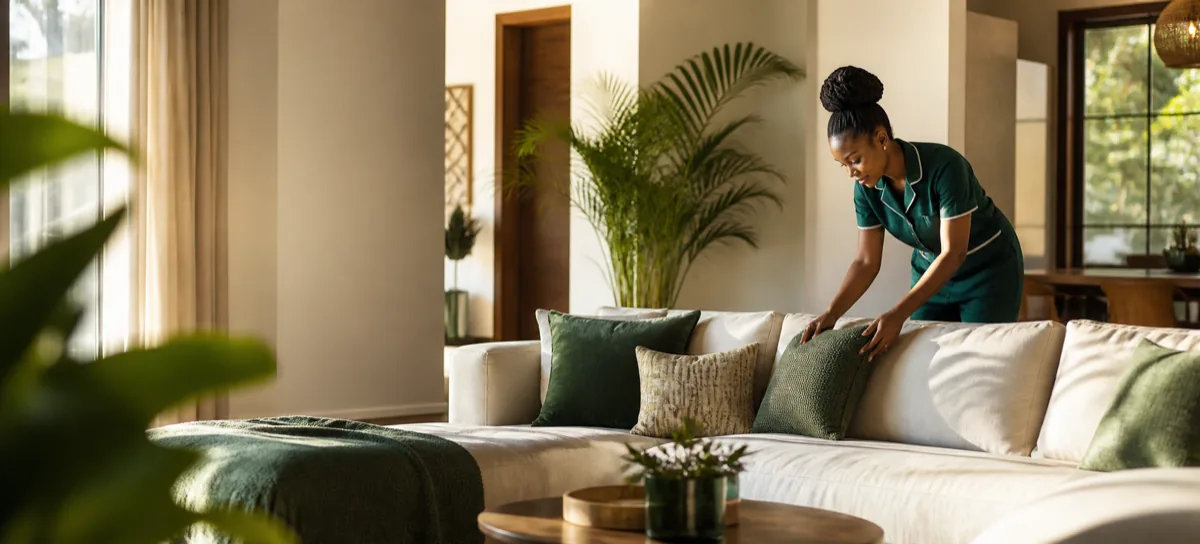 A Happy Place cleaner arranging a bright contemporary living room