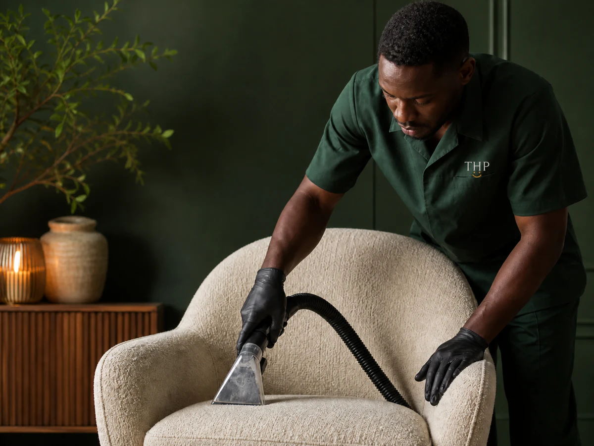 A trained cleaner using specialist equipment on an upholstered chair