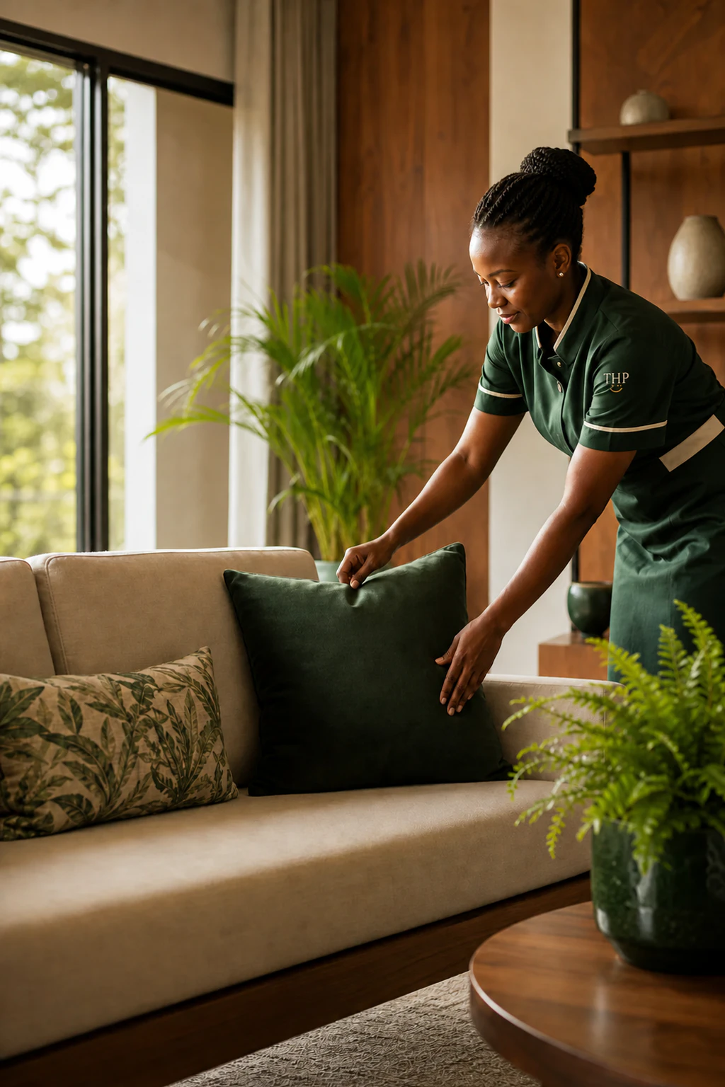 A professional cleaner arranging cushions in a bright contemporary living room