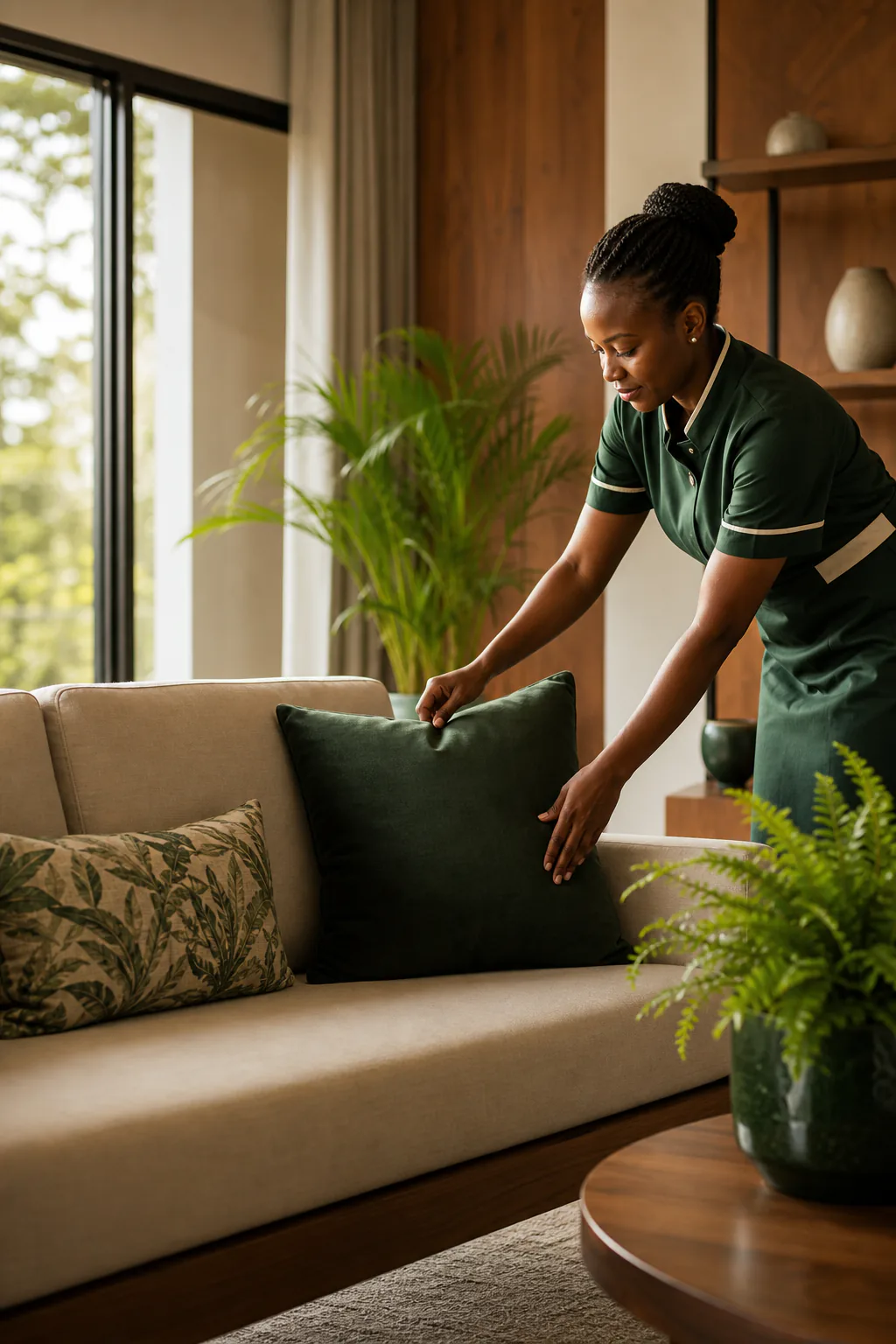 A professional cleaner arranging cushions in a bright contemporary living room