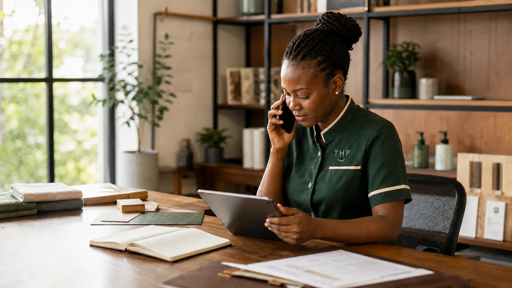 A Happy Place service coordinator helping a client by phone